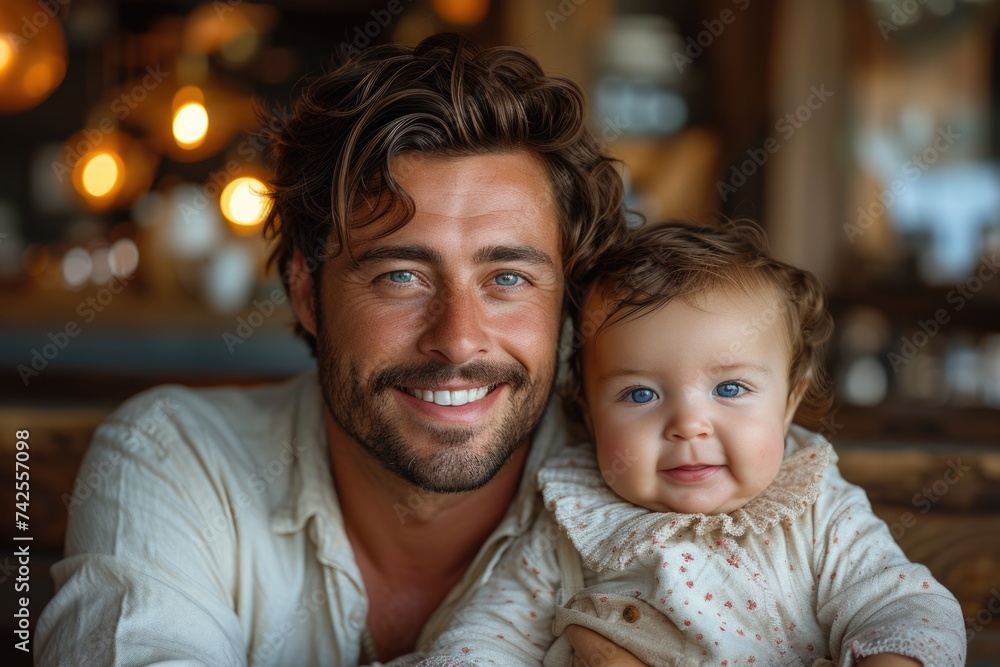 Father holding toddler in a natural setting with soft focus. Father holding toddler in a natural setting with soft focus.