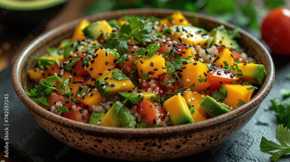 Fresh quinoa salad with mango, avocado, tomatoes, and greens. Fresh quinoa salad with mango, avocado, tomatoes, and greens.