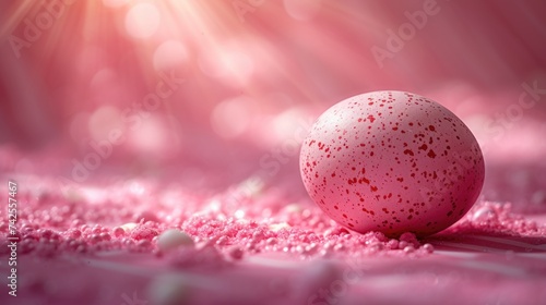 Single red speckled Easter egg on a vibrant pink background with radiant light