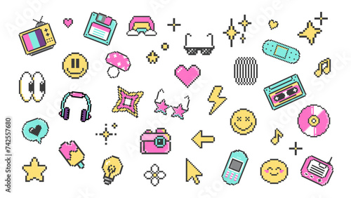 set of 90s elements in pixel art, vector illustration