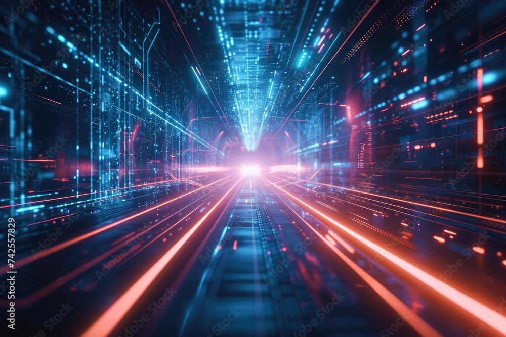 Abstract digital cyber tunnel with vibrant blue and red neon lights. Abstract digital cyber tunnel with vibrant blue and red neon lights.