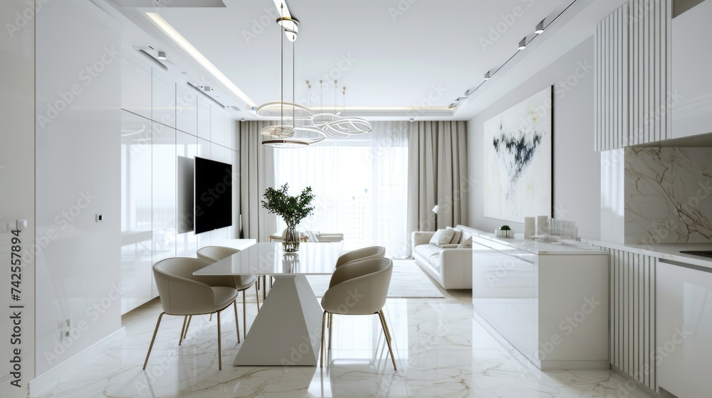 Minimalist white modern kitchen and dining interior design. Minimalist white modern kitchen and dining interior design.