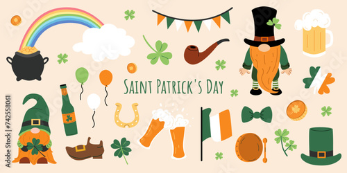 Saint Patrick's Day collection. St. Patrick's day vector set. Collection with leprechauns, Irish flag and beer, clover, pot of gold and rainbow. Hand drawn illustration on white isolated background. 