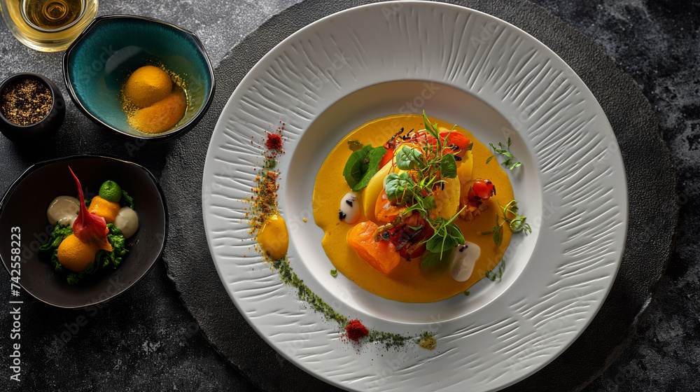 Modern culinary art on a plate, featuring smoked salmon, vibrant puree, and delicate herbs Modern culinary art on a plate, featuring smoked salmon, vibrant puree, and delicate herbs