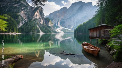 Serene alpine lake with wooden boat and hut.