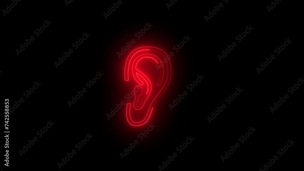 Neon glowing red ear icon animation in black background Neon glowing red ear icon animation in black background