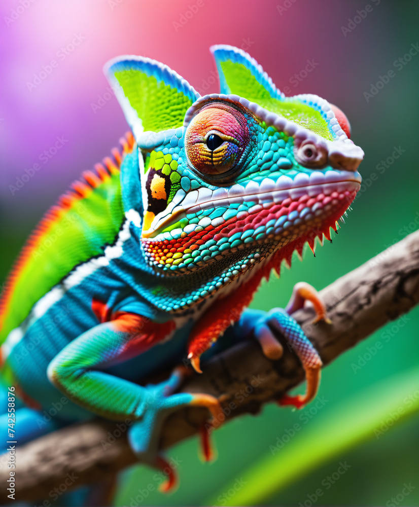 Fototapeta premium Vibrant Chameleon on Branch: A Colorful Display of Reptile Beauty