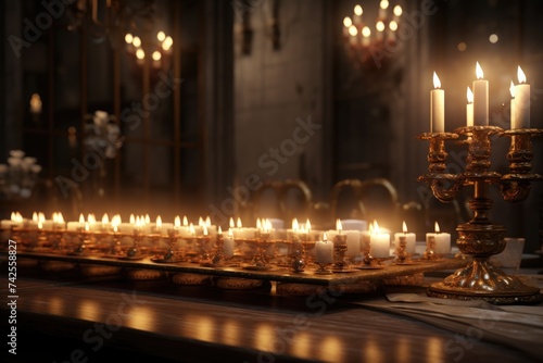 Long Menorah with Lit Candles