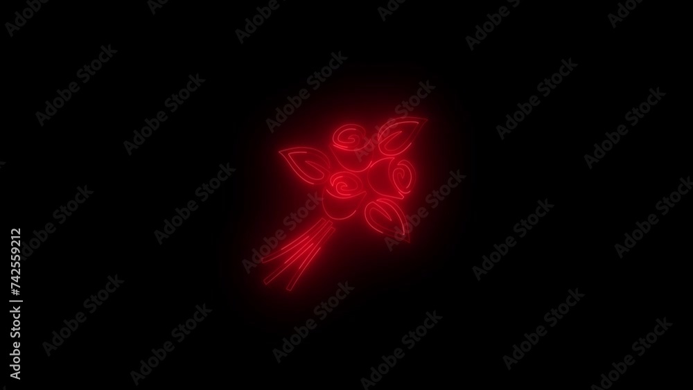 Neon glowing red flower bouquet icon animation in black background Neon glowing red flower bouquet icon animation in black background