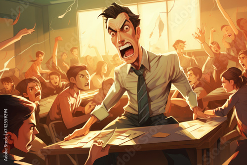 Angry teacher shouting in a chaotic classroom. Illustrated educational concept