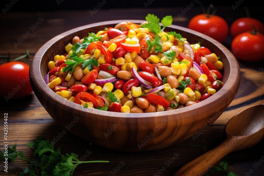 Colorful bean salad in a wooden bowl on a rustic table with tomatoes. Colorful bean salad in a wooden bowl on a rustic table with tomatoes.