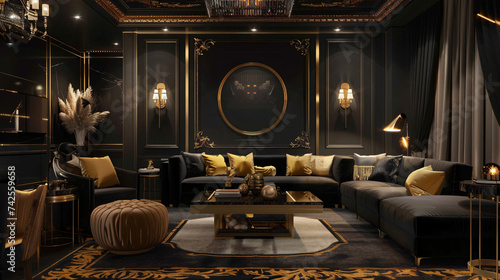 Luxury black and gold living room interior.