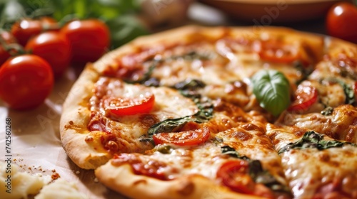 Close-up of Margherita Pizza with Tomatoes and Cheese on Wooden Board.