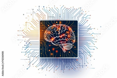 AI Brain Chip interface. Artificial Intelligence task mind brainwave computing axon. Semiconductor neuropsychiatry circuit board reticular formation photo