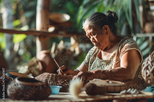 Indigenous woman crafting traditional objects, promoting cultural heritage and sustainability, in a natural, sunlit workshop