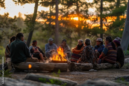 Indigenous leaders gathered around a traditional fire discussing community rights, in a serene forest setting at dusk