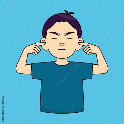 The boy squints and covers his ears, disturbed by an annoying loud noise