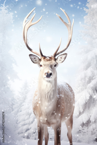 Snowy Winter Wonderland: Majestic Male Deer in a Bright White Forest