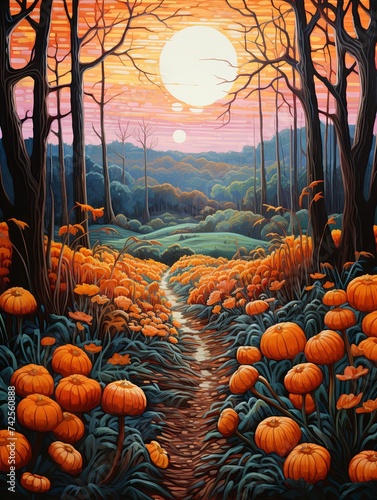 Acrylic Autumnal Pumpkin Patches  Vintage Landscape Painting