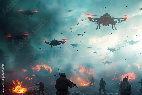 swarm of flying drones above battlefield of last war
