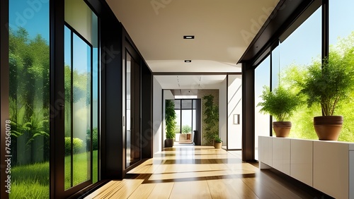 A modern hallway with glass wall filled with green plants, AI generated