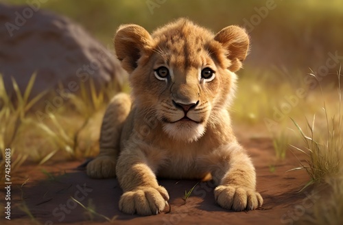 A lion cub resting in the plain savanna  AI Generated
