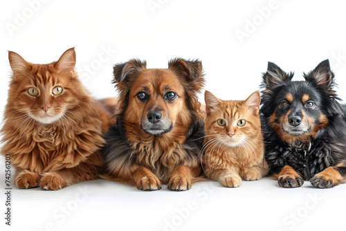 A cute white dogs and ginger cats pose together in a studio portrait, showcasing their adorable friendship.