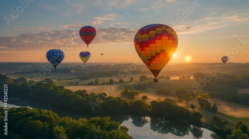 Colorful hot air balloons soar over a breathtaking landscape at sunrise, offering a serene yet adventurous start to the day. photo