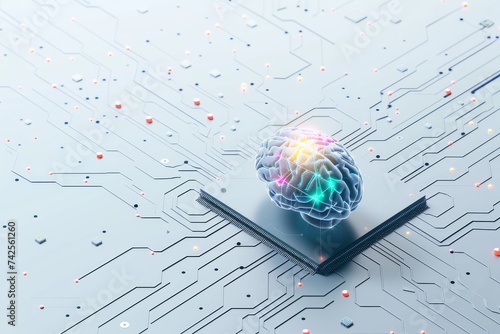 AI Brain Chip integration. Artificial Intelligence neurosynaptic human multicolor laser mind circuit board. Neuronal network axon membrane smart computer processor values photo