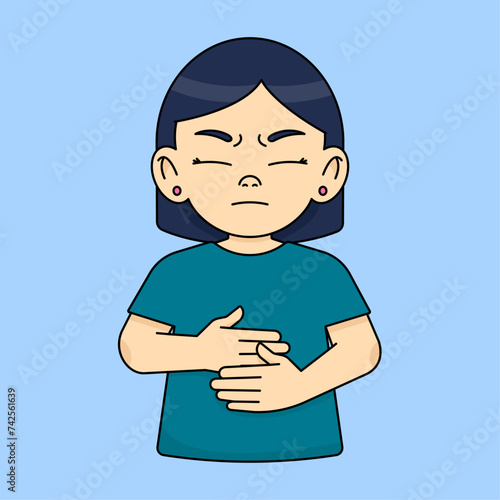 The girl touches her stomach and suffers from abdominal pain. Abdominal pain and other stomach diseases