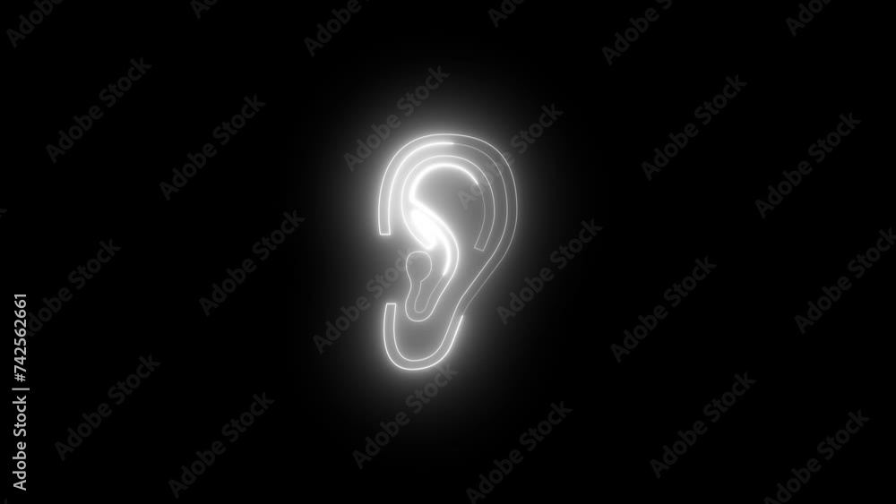 Neon glowing white ear icon animation in black background Neon glowing white ear icon animation in black background