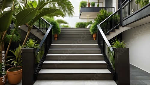 A modern architecture of stair filled with plants, AI generated  photo