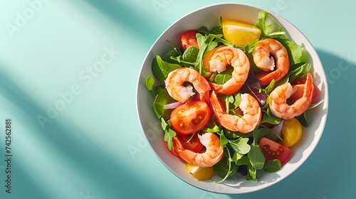 Shrimp salad in white bowl on pastel background with copy space, generative ai