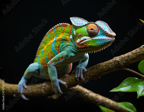 Colorful Chameleon Perched on Branch in Dark Background - Nature Wildlife © aimodels24