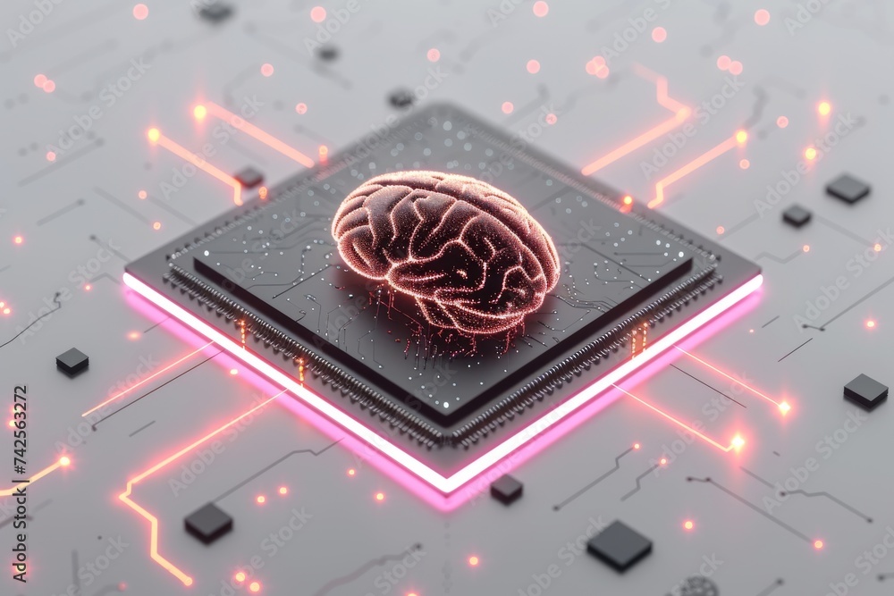 AI Brain Chip prospects. Artificial Intelligence rehabilitation human network security mind circuit board. Neuronal network 3d integrated circuits smart computer processor cornu ammonis - obrazy, fototapety, plakaty 