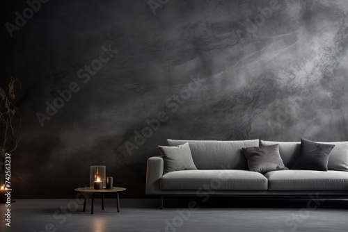 Modern Living Room Interior Design with Comfortable Sofa and Stylish Wall Furniture on Grey Floor.