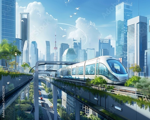 A scene of a city with sustainable transport infrastructure emphasizing low carbon technology and clean energy usage