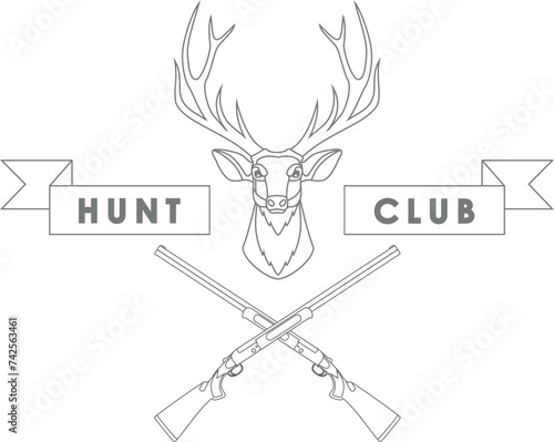 Deer Head, Crossed Hunting Rifles and Banner of Hunting Club Isolated Outline in Flat Style. Vector Illustration.