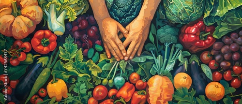 A vivid watercolor art depiction of hands picking vibrant veggies from a sun kissed garden