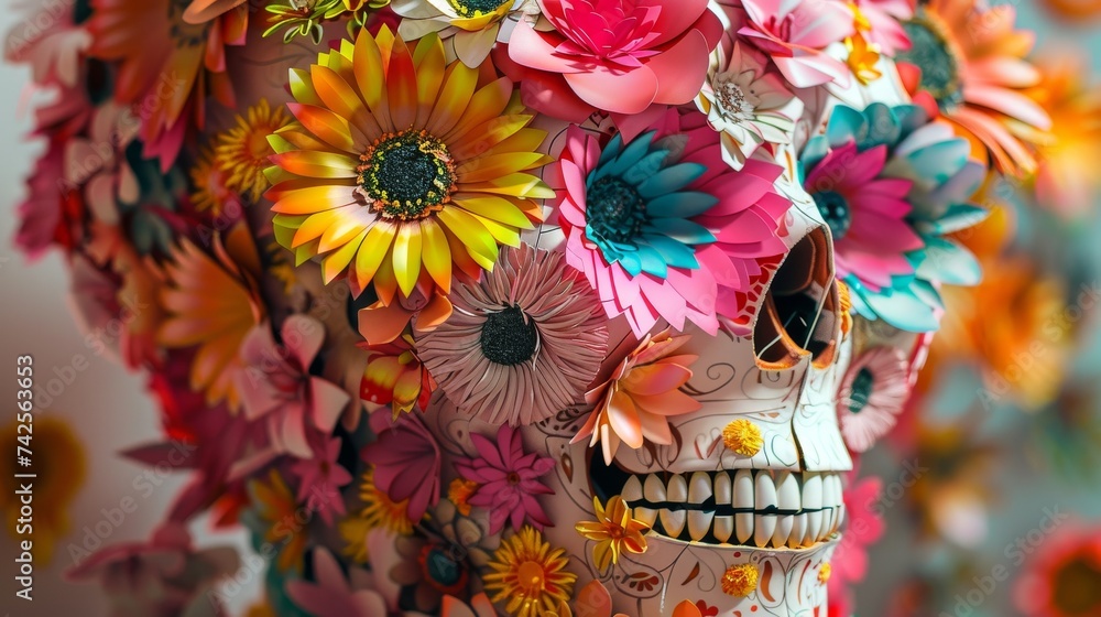 Avant garde sculpture composed of layered 3D flowers as an homage to the Day of the Dead