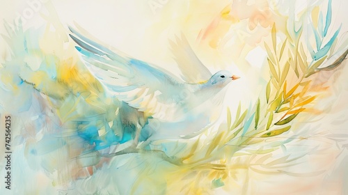 Dove and olive branch abstractly intertwined symbolizing peace in pastel watercolors
