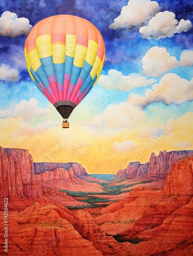 Colorful Hot Air Balloon Skies National Park Art Print - Overhead Perspective Rustic Wall Decor