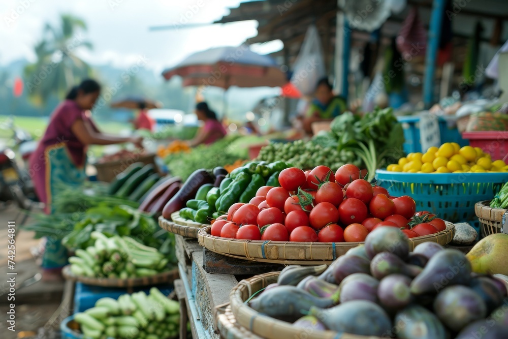 Lively market scene showcasing an abundance of fresh produce with a focus on foreground details