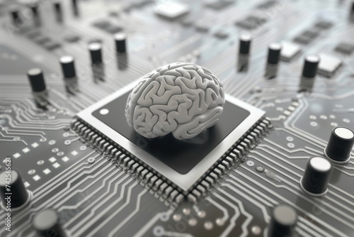 AI Brain Chip internet. Artificial Intelligence machine mind blocking axon. Semiconductor neurotrophin 4 circuit board synaptic transmission photo