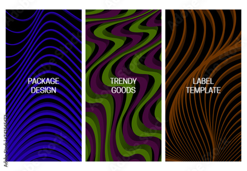 Set of packaging design with abstract volumetric backgrounds with colored 3D stripes. Vector template in hi-tech style
