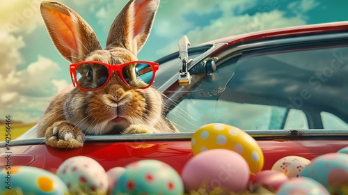 Adorable rabbit wearing cool shades in a festive vehicle full of colorful eggs for Easter celebration