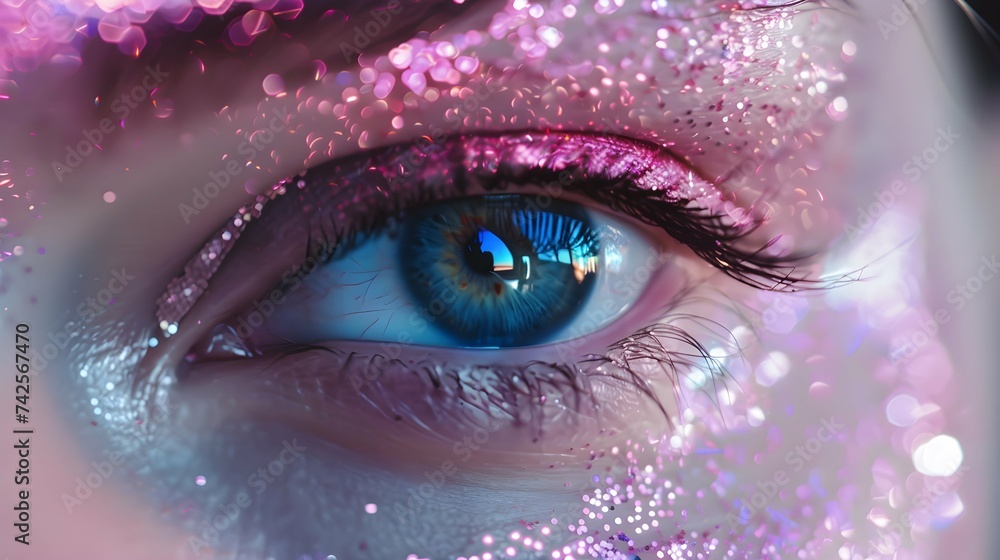 Close Up of Womans Eye With Pink Glitter Close Up of Womans Eye With Pink Glitter