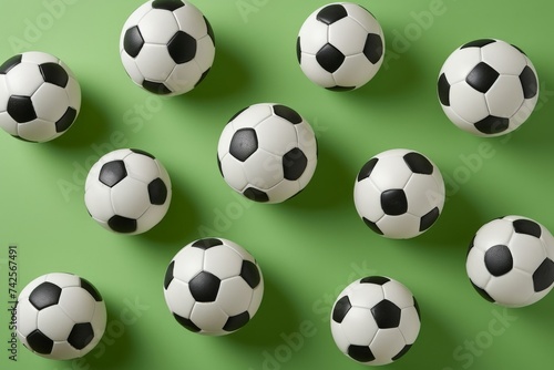 Soccer balls on green background with black and white stripe in the middle