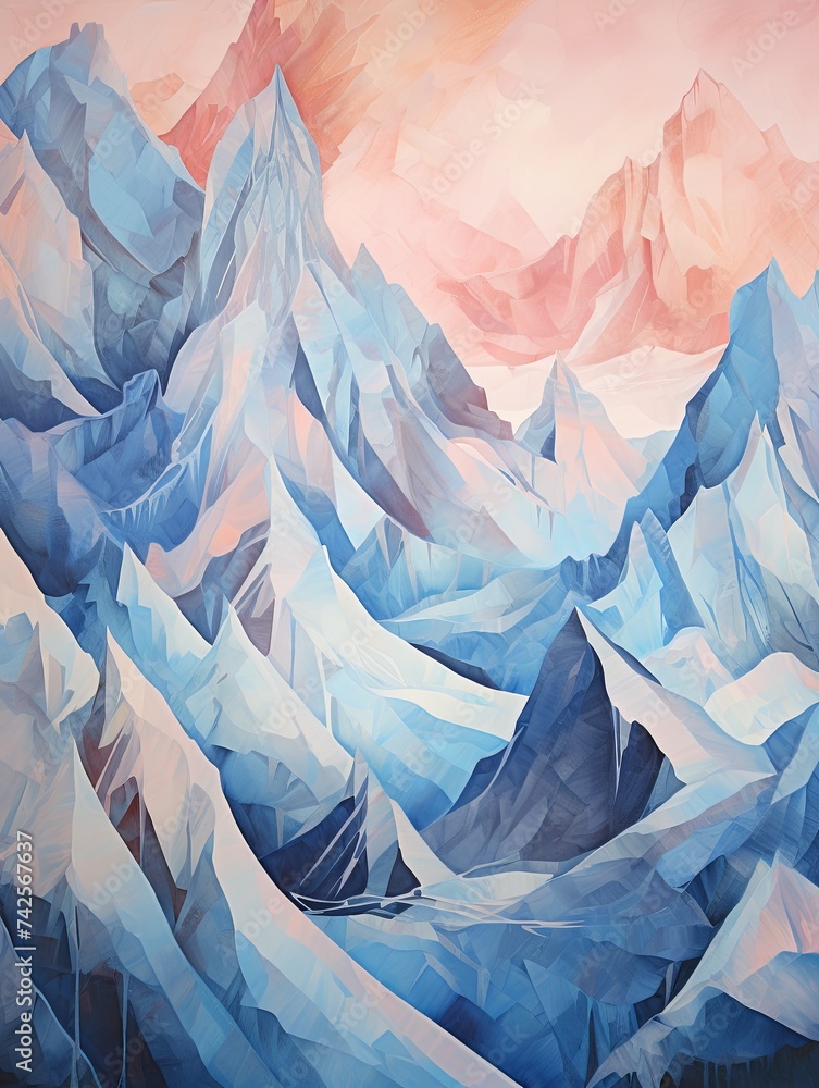 Obraz premium Glacial Mountain Passes Abstract Landscape: Stylized Ice Formations Vintage Painting