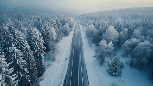 Aerial shot of a road with snow forest in the winter season
